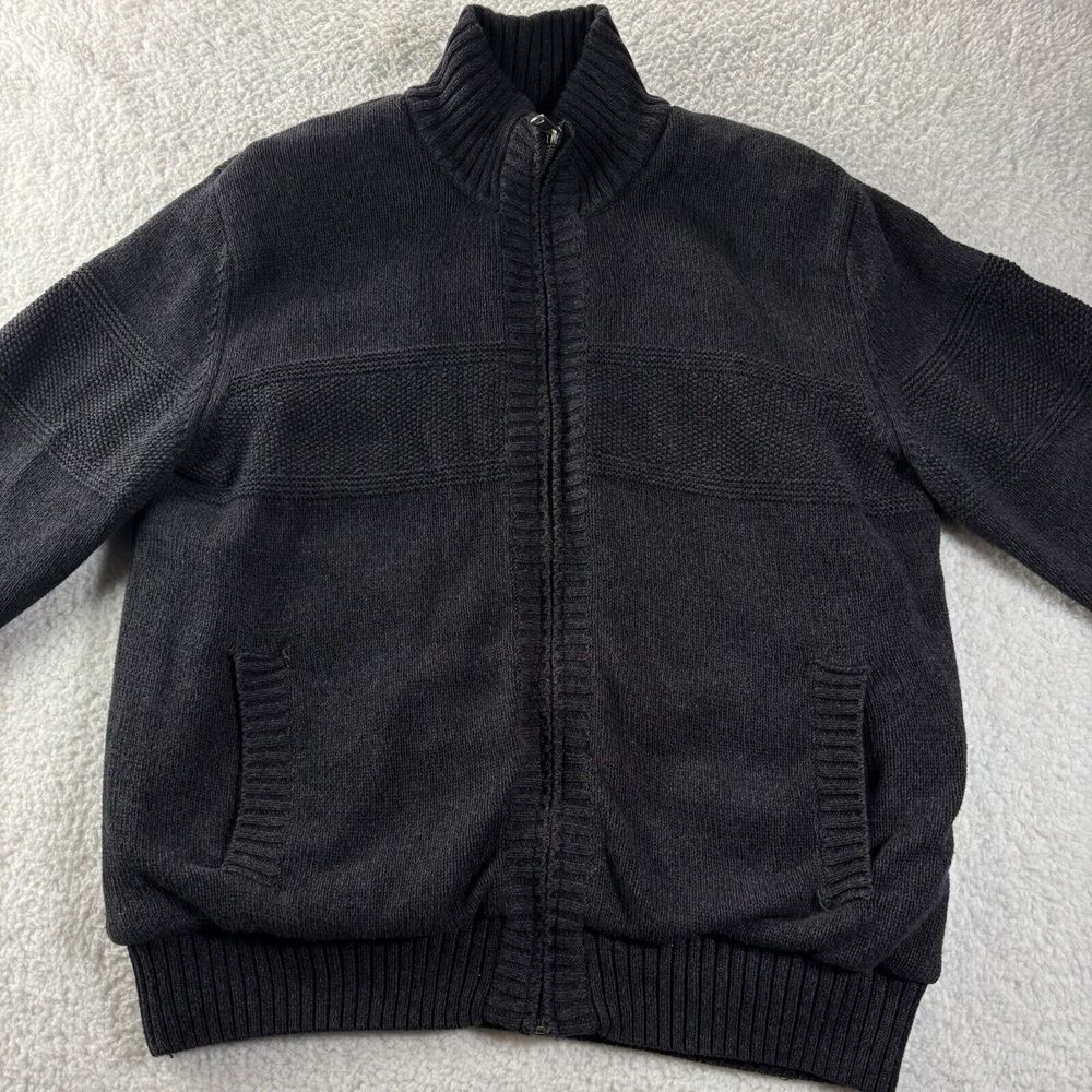 Vintage BOSTON‎ TRADERS 100% Pure Wool Sweater Blue Sz L Cable Chunky Full Zip